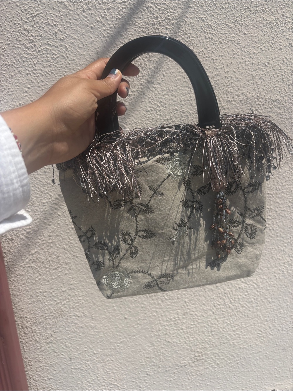 Beaded Fringe Embroidered Top-Handle Tote in Light Beige